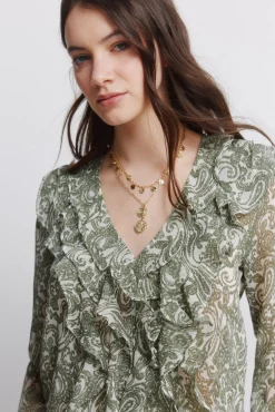 New Springfield Blouse &agrave; volants imprim&eacute;e en gaze beige