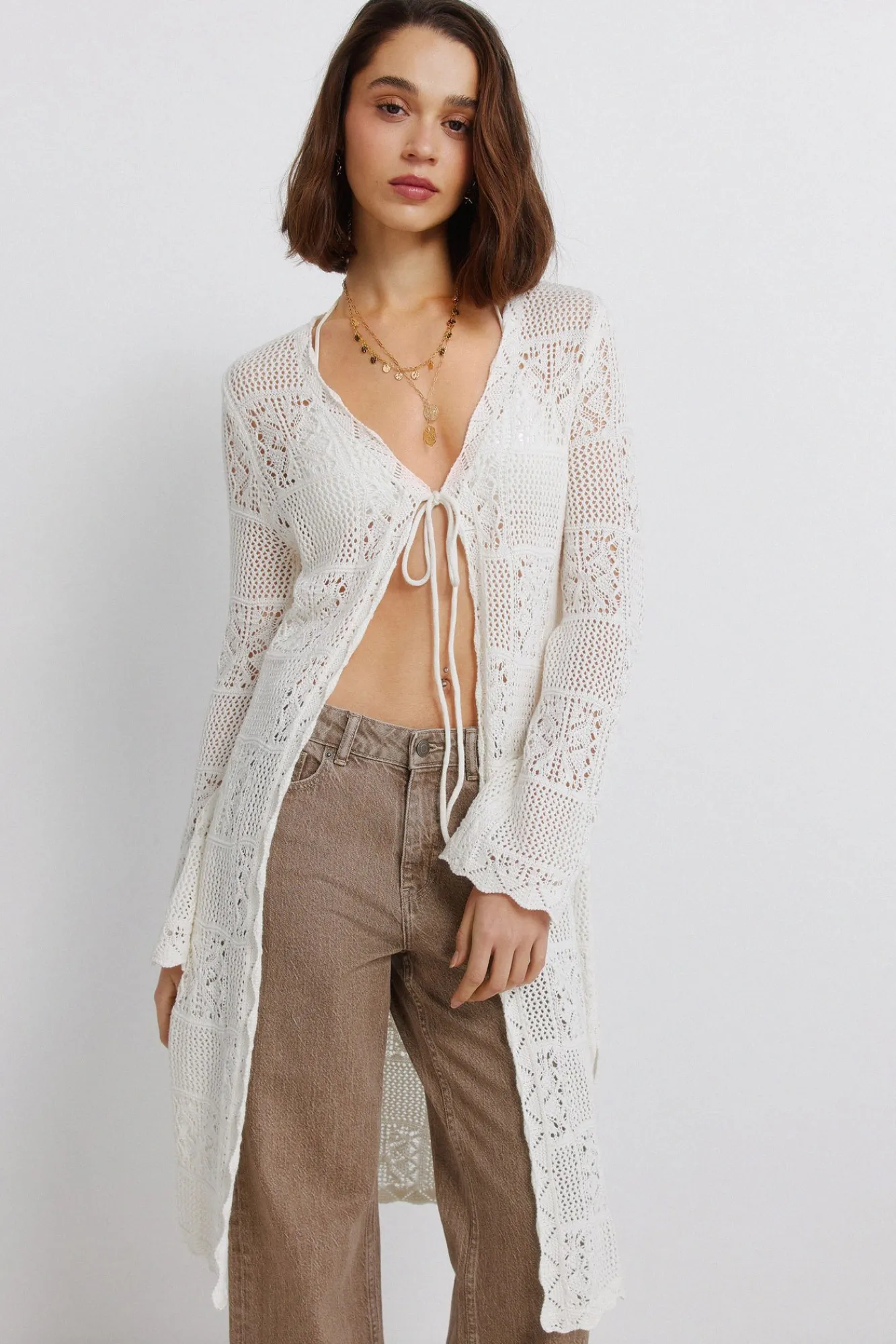 Sale Springfield Cardigan long en pointelle marron