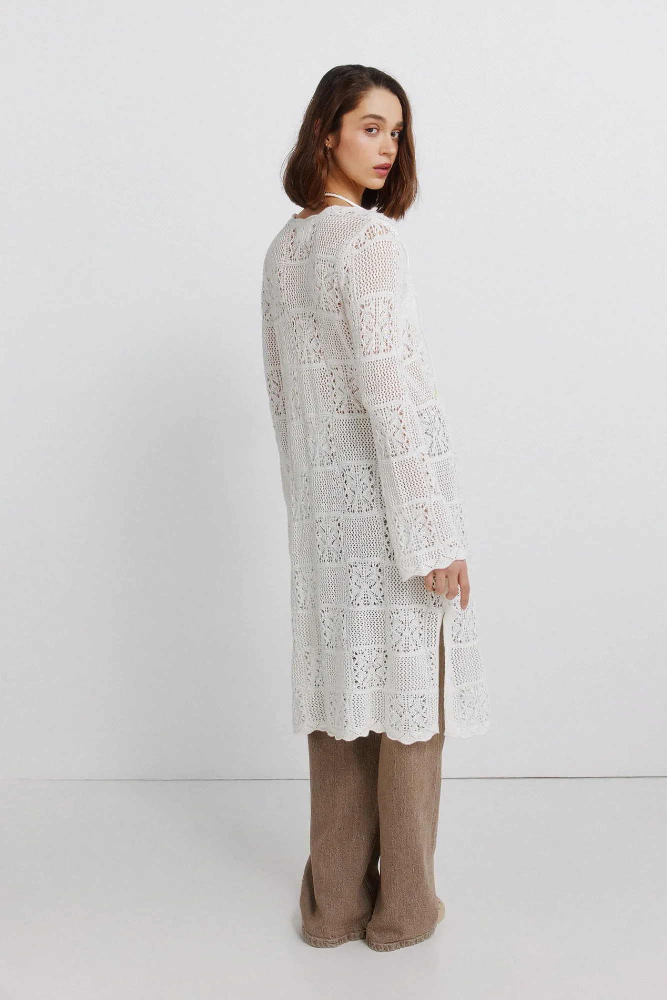 Sale Springfield Cardigan long en pointelle marron