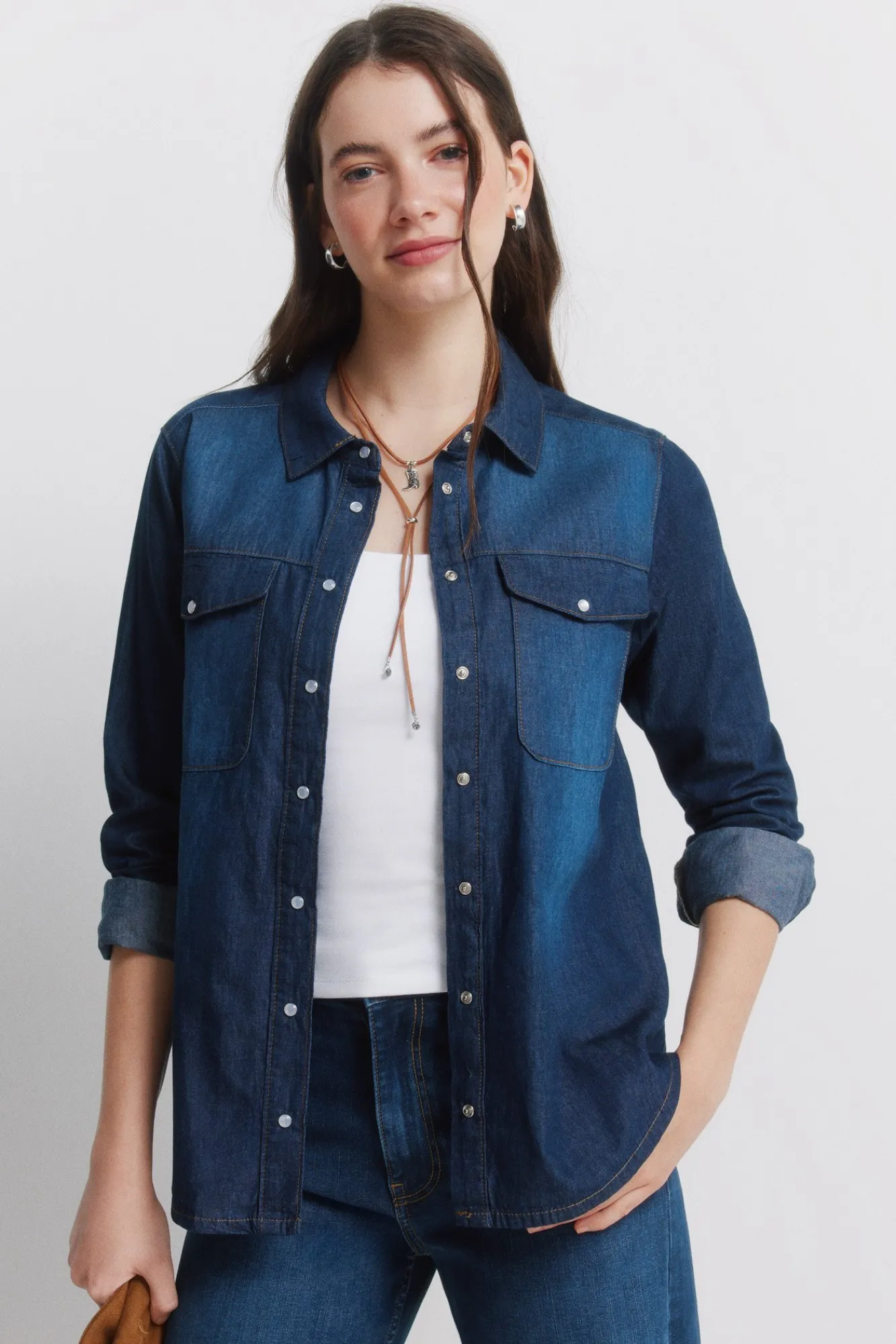 Hot Springfield Chemise en jean avec poches en coton bleu