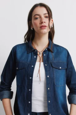 Hot Springfield Chemise en jean avec poches en coton bleu