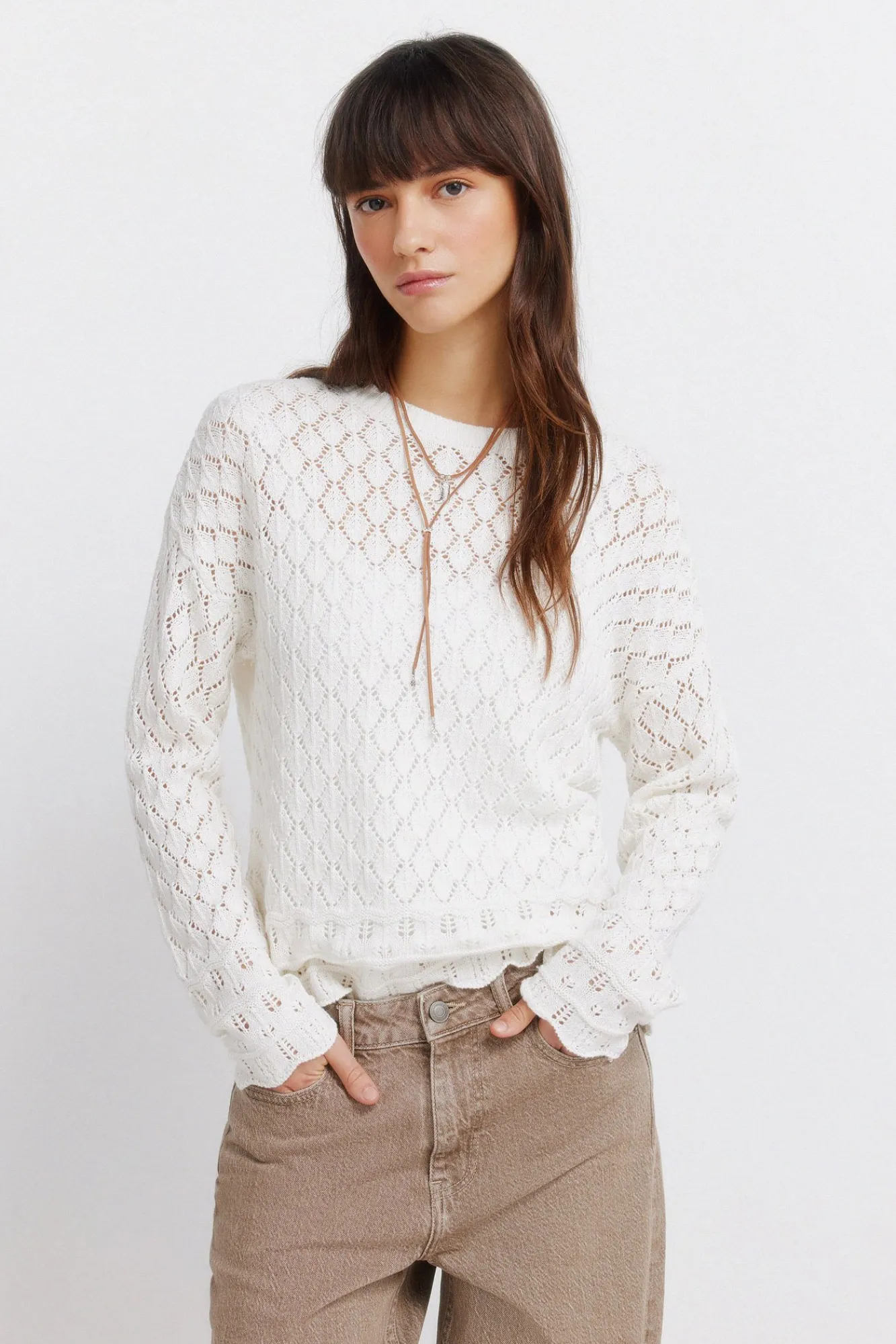 Clearance Springfield Pull en maille pointelle marron