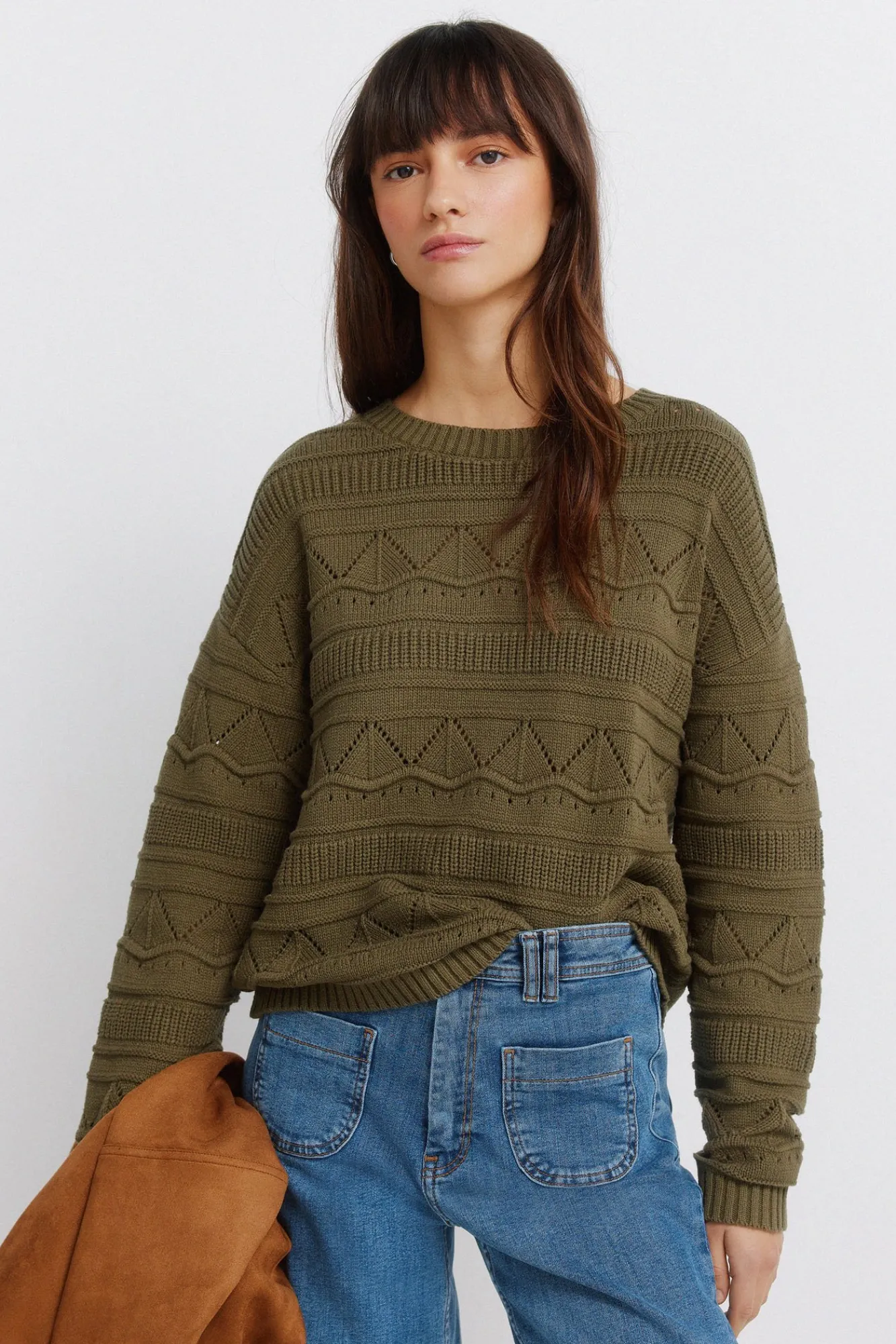Clearance Springfield Pull pointelle en maille beige
