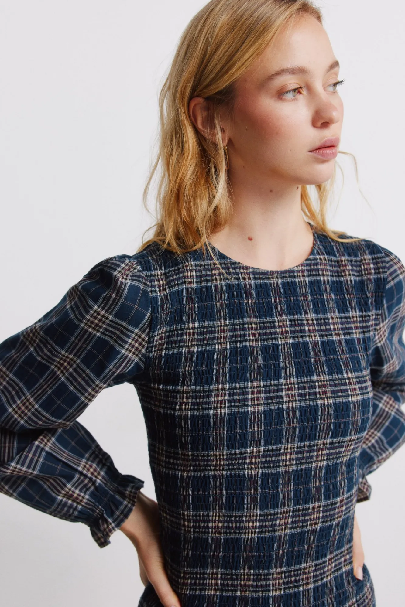 Springfield Robe courte à carreaux et smocks bleu