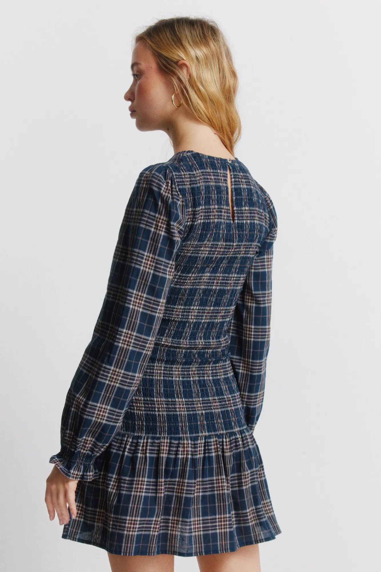 Springfield Robe courte à carreaux et smocks bleu