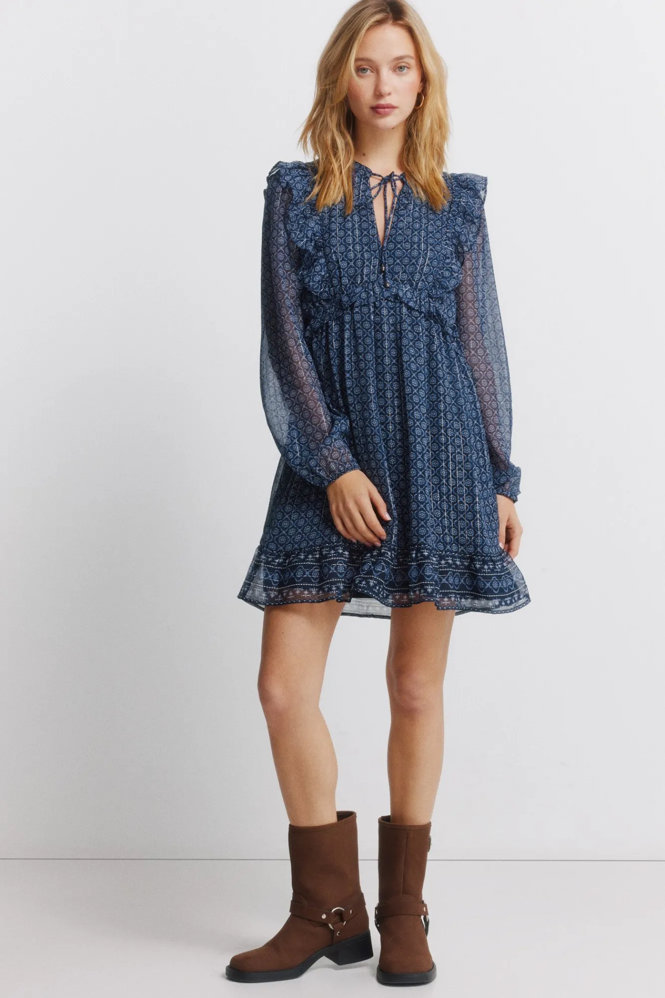 Clearance Springfield Robe courte à manches longues à volants bleu