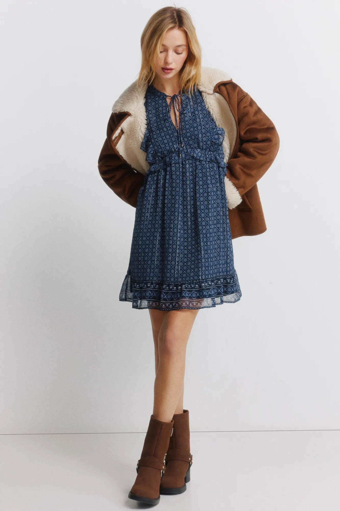 Clearance Springfield Robe courte à manches longues à volants bleu