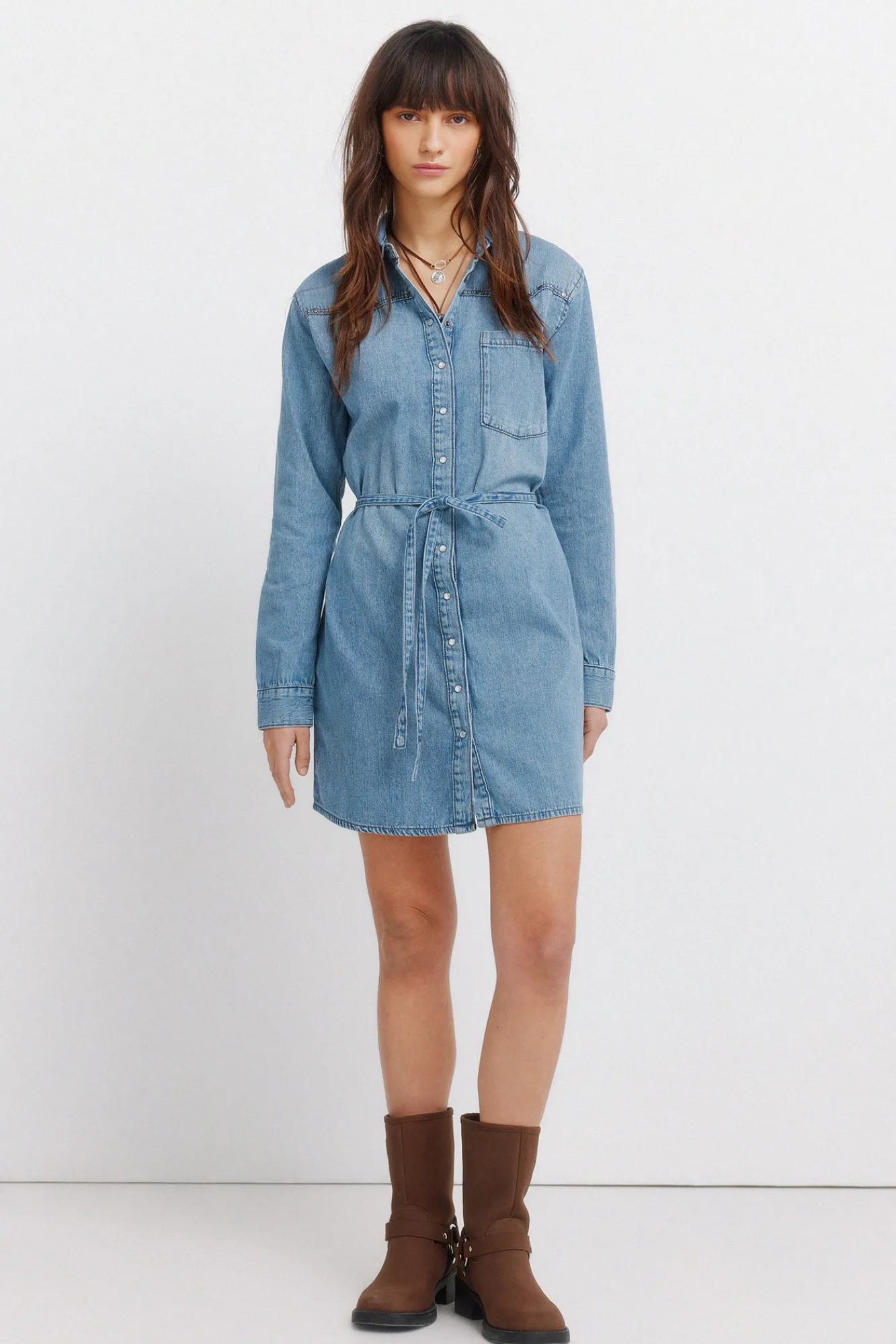 Hot Springfield Robe courte en denim avec ceinture bleu