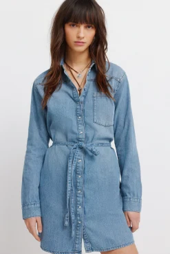 Hot Springfield Robe courte en denim avec ceinture bleu