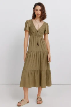 Best Springfield Robe midi &agrave; volants beige