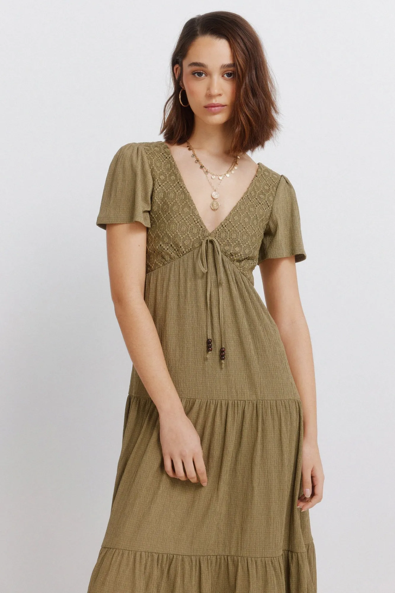 Best Springfield Robe midi à volants beige