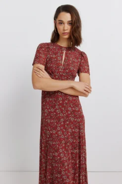 New Springfield Robe midi col choker imprim&eacute;e bordeaux