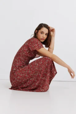 New Springfield Robe midi col choker imprim&eacute;e bordeaux