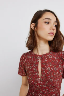 New Springfield Robe midi col choker imprim&eacute;e bordeaux
