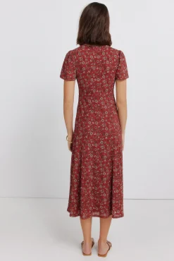 New Springfield Robe midi col choker imprim&eacute;e bordeaux