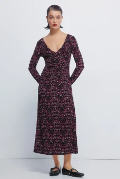 Hot Springfield Robe midi imprim&eacute; &agrave; d&eacute;collet&eacute; fronc&eacute; noir