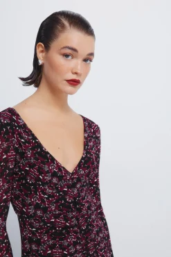 Hot Springfield Robe midi imprim&eacute; &agrave; d&eacute;collet&eacute; fronc&eacute; noir