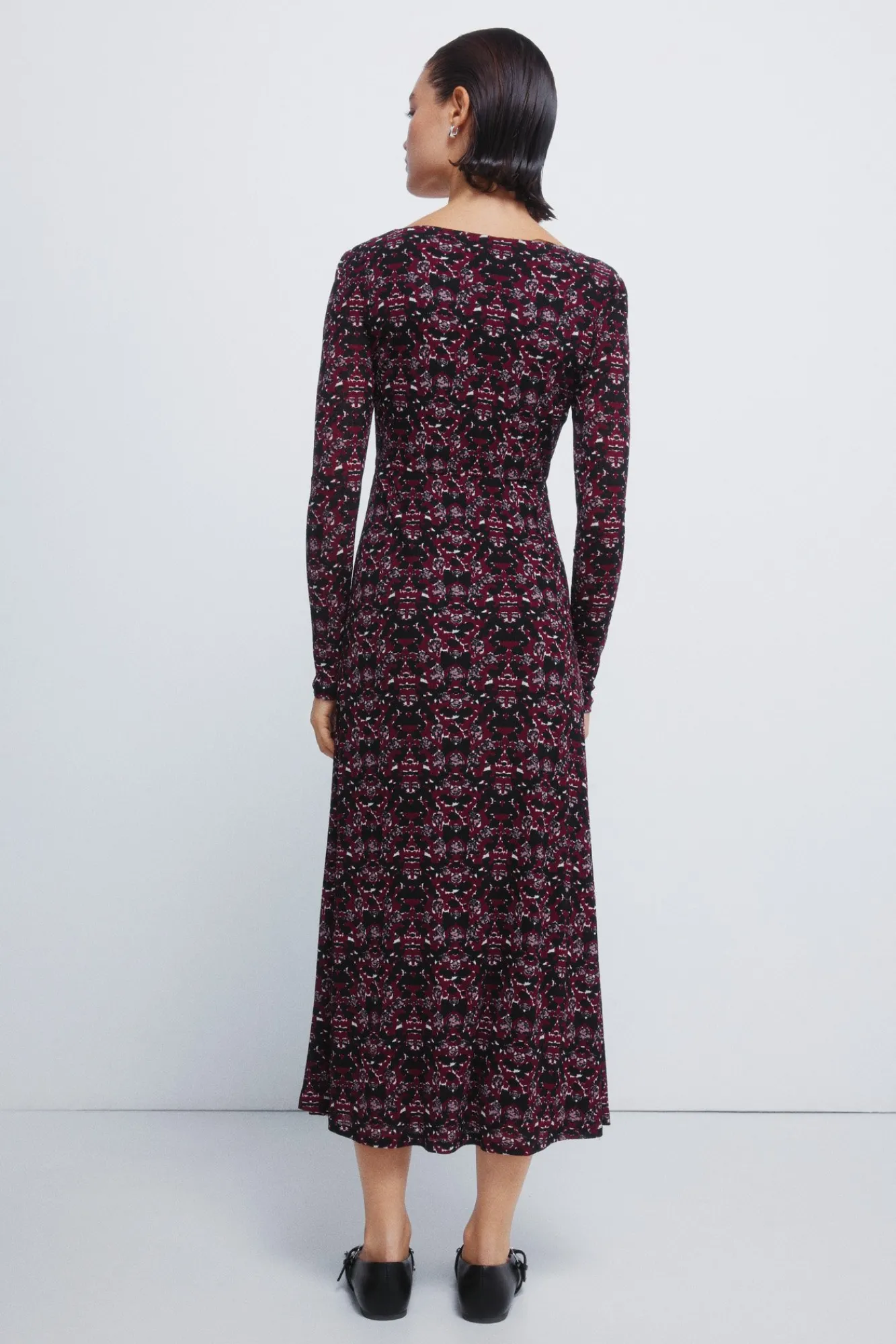 Hot Springfield Robe midi imprimé à décolleté froncé noir