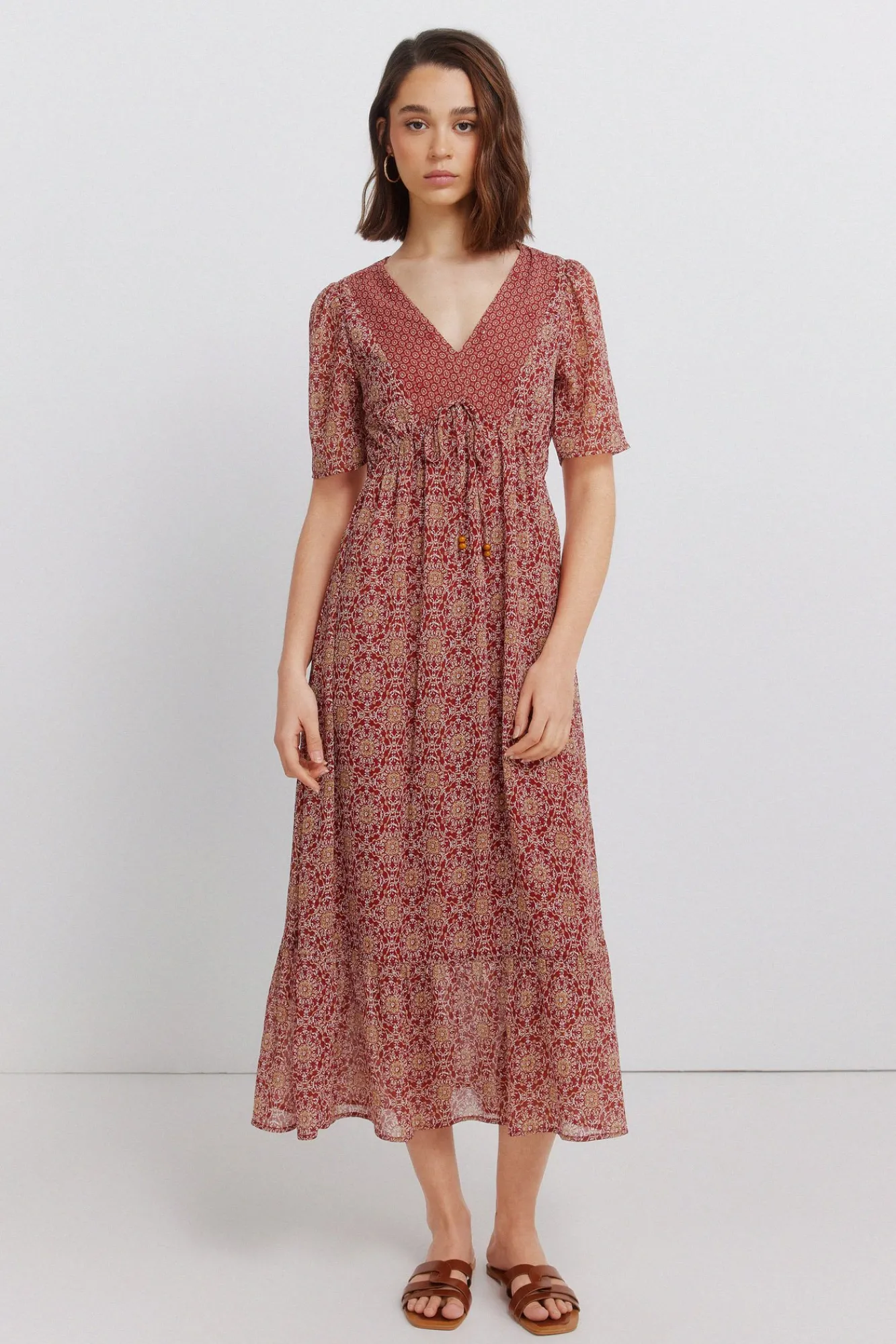 Discount Springfield Robe midi imprimé frise décolleté bordeaux