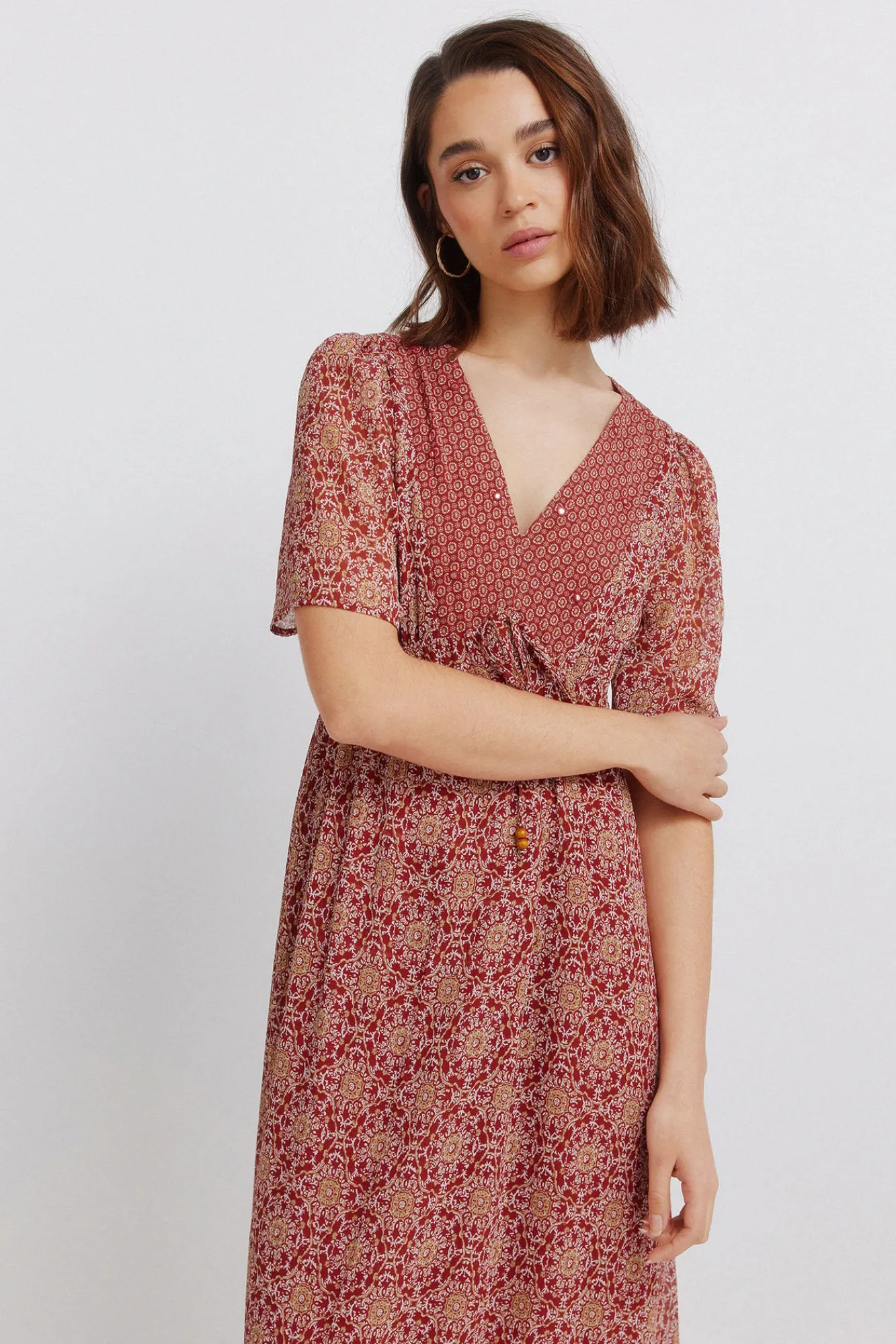 Discount Springfield Robe midi imprimé frise décolleté bordeaux