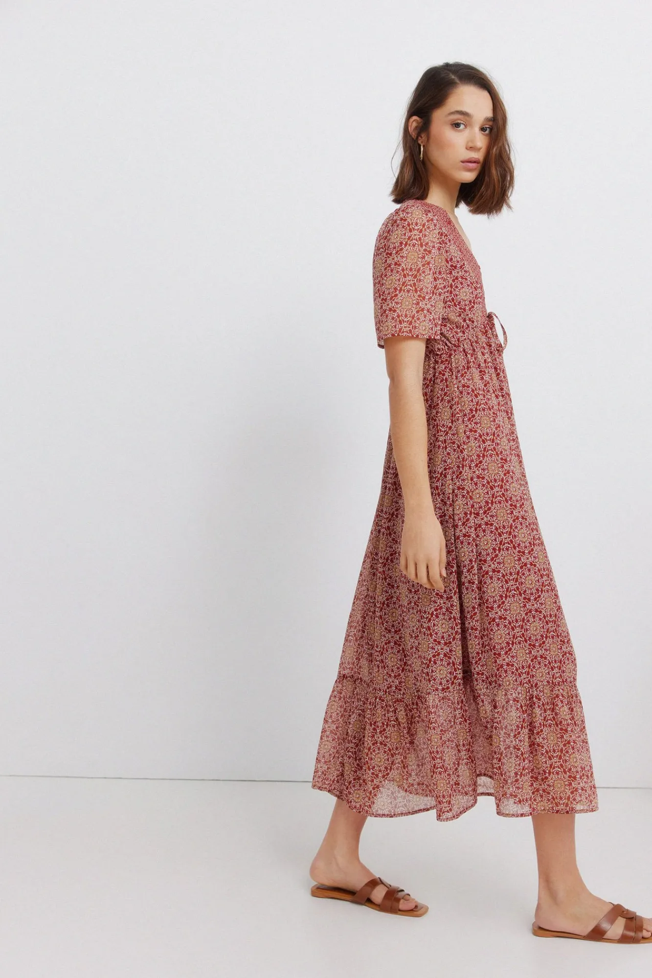Discount Springfield Robe midi imprimé frise décolleté bordeaux