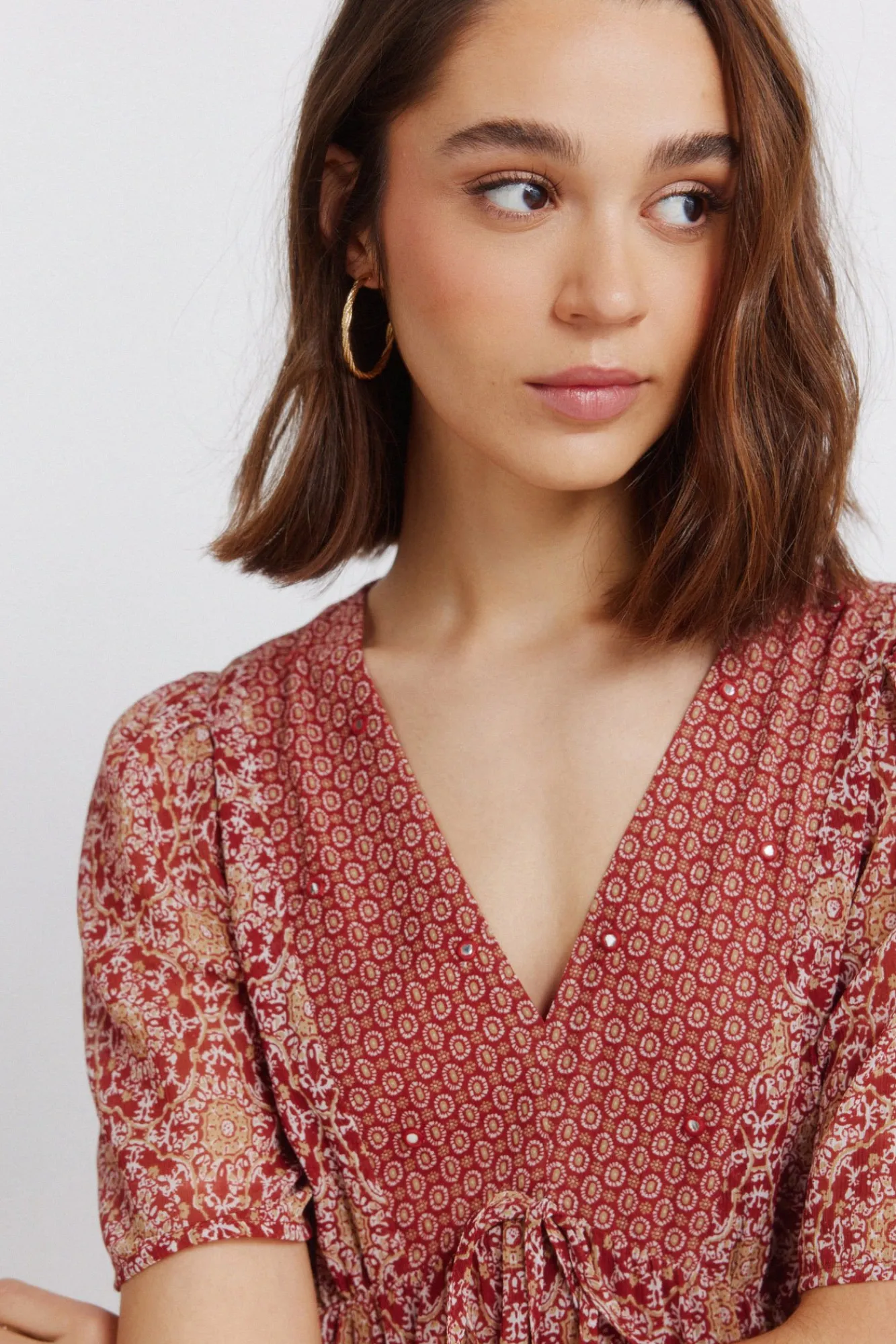 Discount Springfield Robe midi imprimé frise décolleté bordeaux