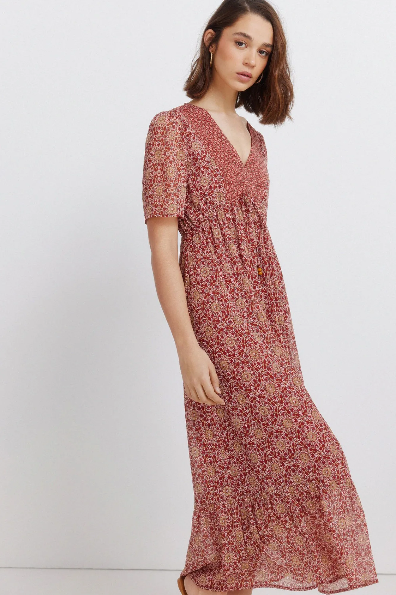 Discount Springfield Robe midi imprimé frise décolleté bordeaux