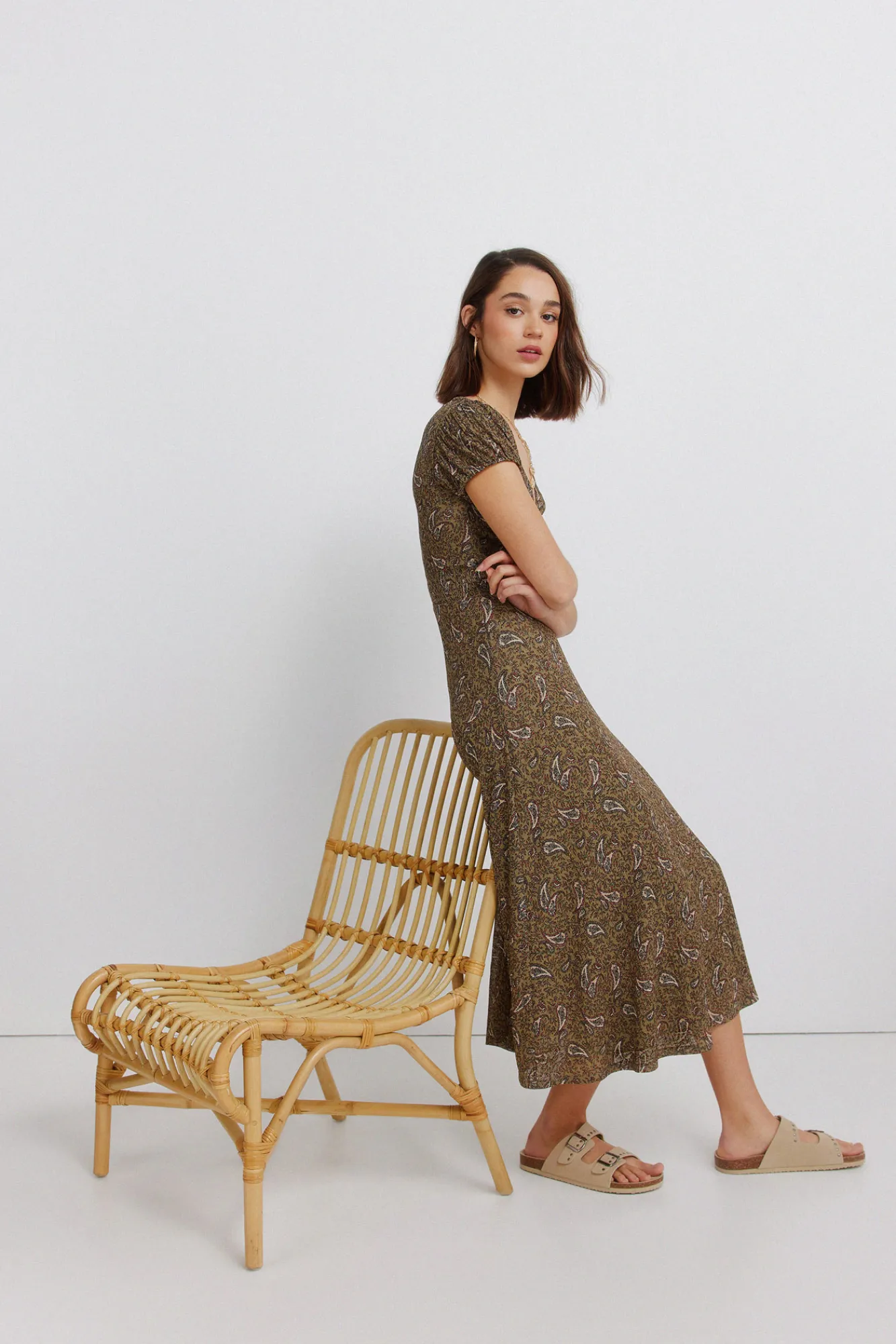 Discount Springfield Robe midi imprimé frise beige