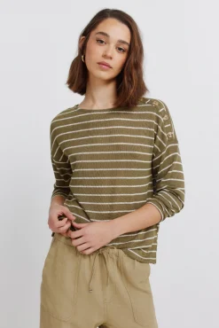 Hot Springfield T-shirt à rayures boutons aux épaules beige