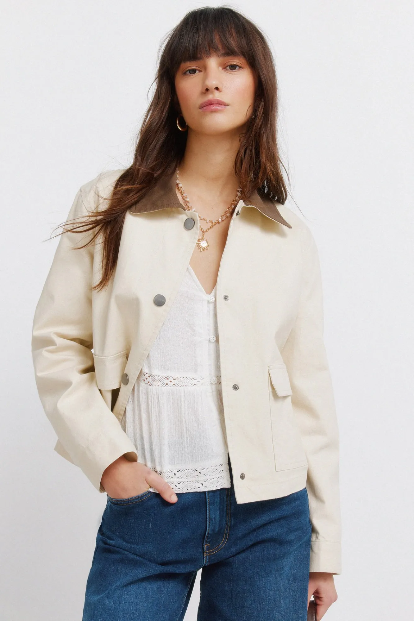 New Springfield Veste courte en coton beige marron